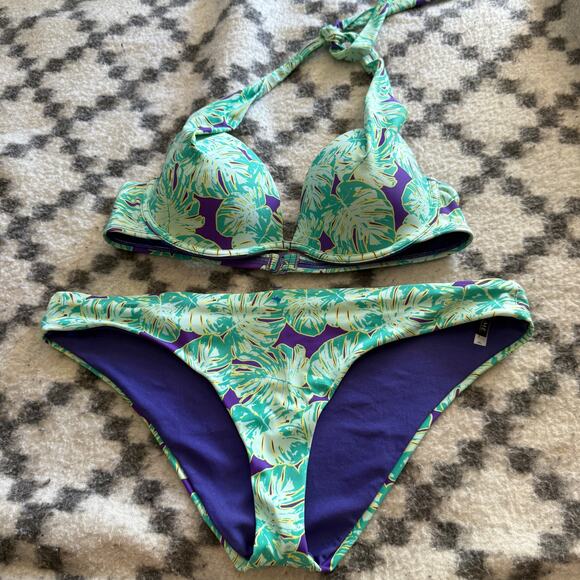 Adore Me Bikini Set 38B Top XL Bottom Palm Leaf‎ Print Purple Green Underwire - Picture 1 of 3